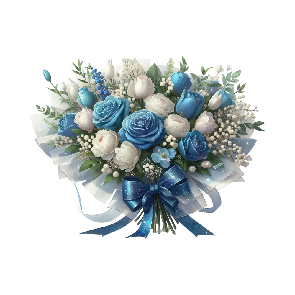 Blue and White Flower Bouquet with Decorative Ribbon