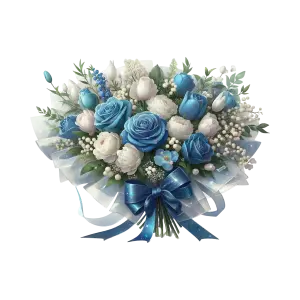 Blue and White Flower Bouquet with Decorative Ribbon