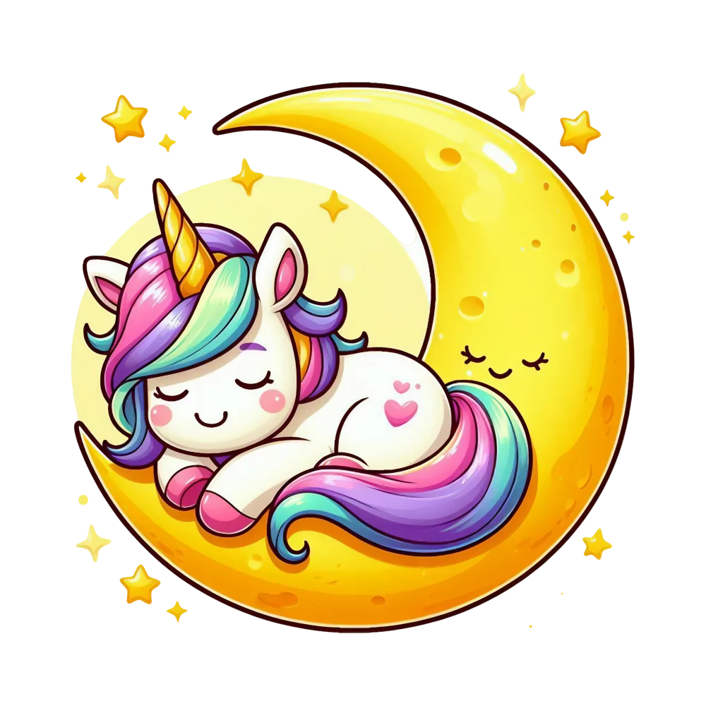 Cute Sleeping Unicorn on Crescent Moon with Stars