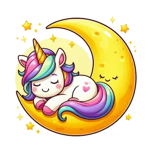Cute Sleeping Unicorn on Crescent Moon with Stars