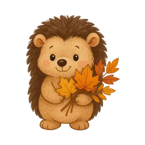 Cute Cartoon Hedgehog Holding Autumn Leaves