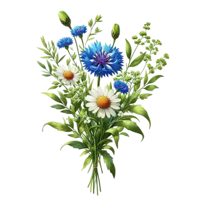 Bouquet of Blue Cornflowers and White Daisies with Greenery