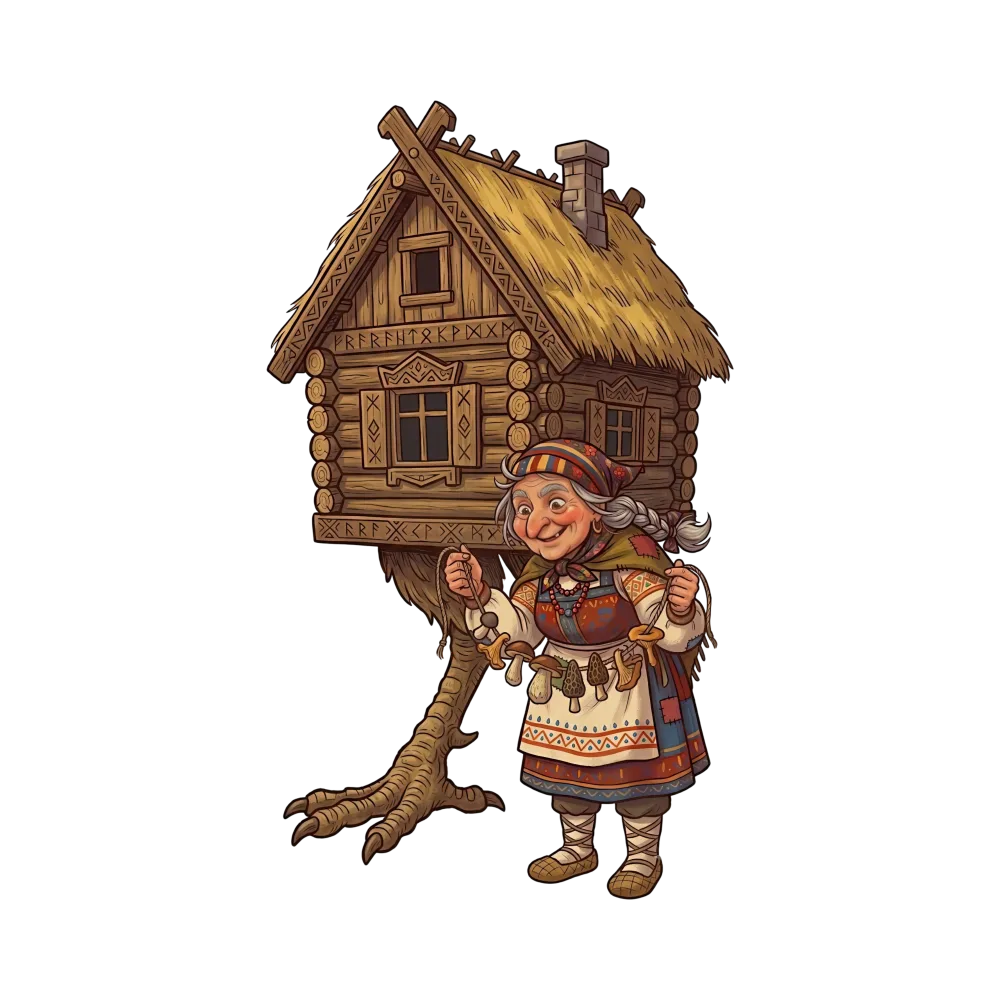 Illustration of Baba Yaga with Hut on Chicken Legs and Mushrooms Garland