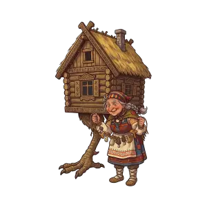 Illustration of Baba Yaga with Hut on Chicken Legs and Mushrooms Garland