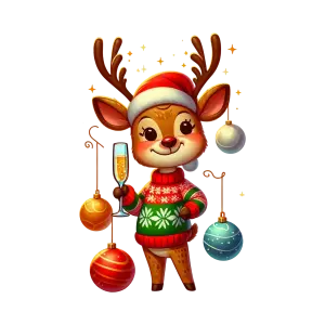 Cute Christmas Reindeer in Festive Sweater Holding Champagne