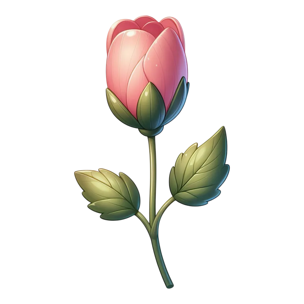Pink Cartoon Style Flower Bud with Green Leaves