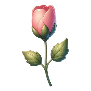 Pink Cartoon Style Flower Bud with Green Leaves