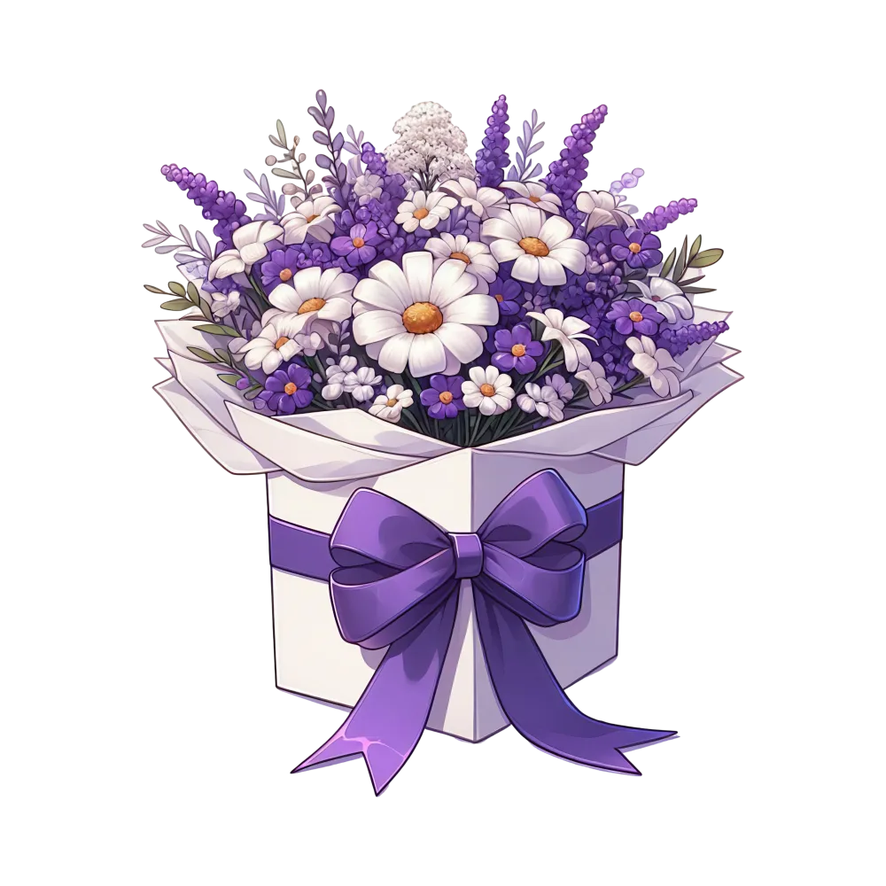 Purple and White Flower Bouquet in Gift Box with Bow