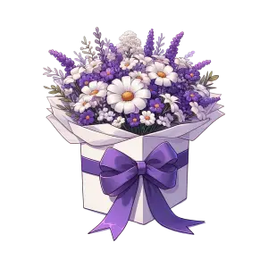 Purple and White Flower Bouquet in Gift Box with Bow