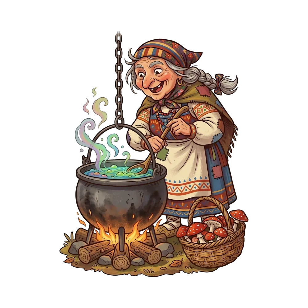 Cartoon Witch Stirring Cauldron with Basket of Mushrooms