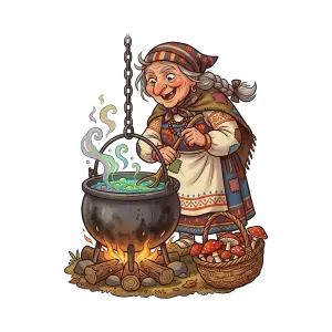 Cartoon Witch Stirring Cauldron with Basket of Mushrooms