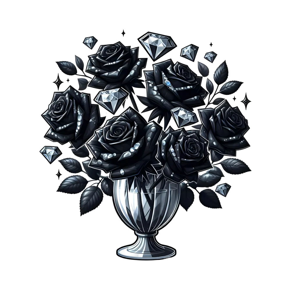Black Roses with Diamonds in Silver Vase