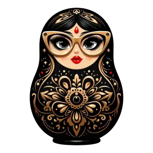 Decorative Matryoshka Doll with Glasses and Golden Floral Patterns