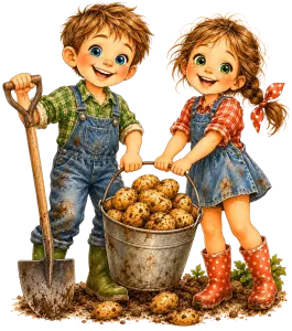 Cute Children Harvesting Potatoes Illustration