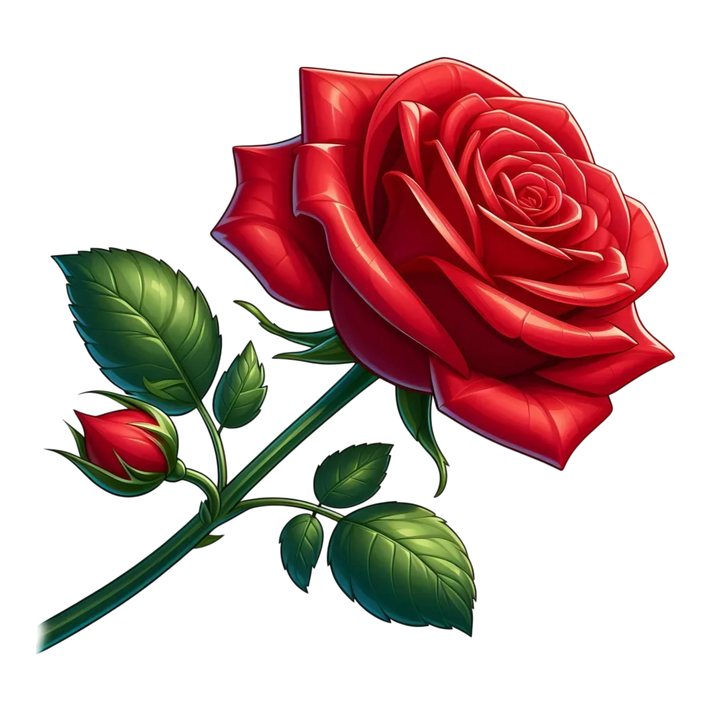 Detailed Red Rose with Bud and Green Leaves