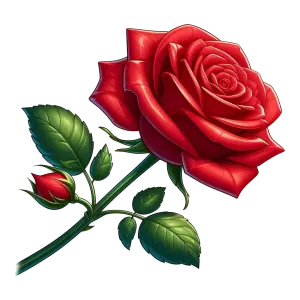 Detailed Red Rose with Bud and Green Leaves