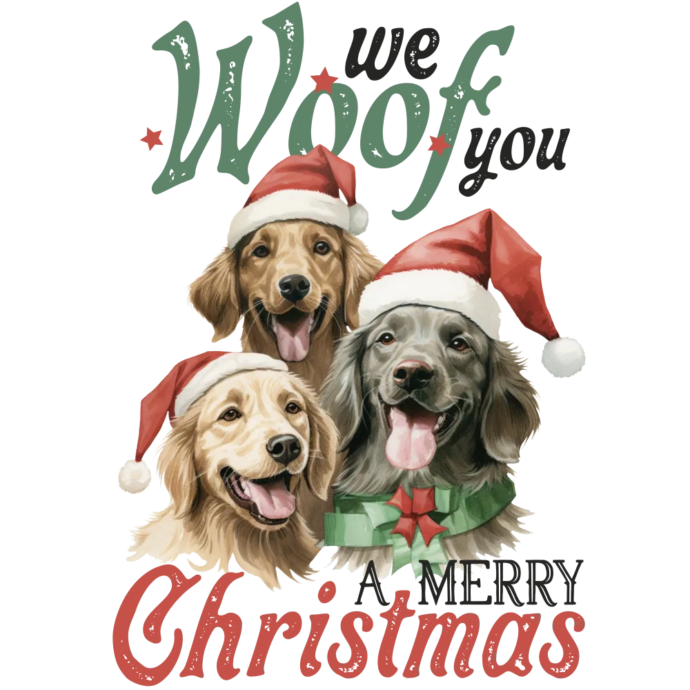 Three Happy Dogs Wearing Santa Hats Christmas Illustration