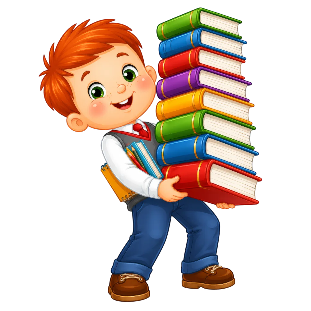 Happy Boy Carrying Stack of Colorful Books