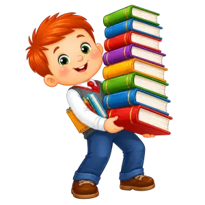 Happy Boy Carrying Stack of Colorful Books