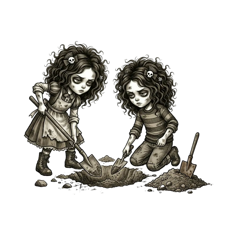 Two Goth Girls Digging a Hole with Shovels