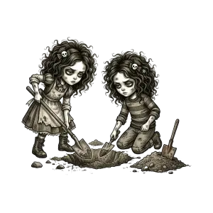 Two Goth Girls Digging a Hole with Shovels