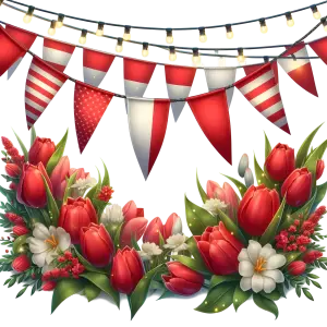 Festive Red and White Flags with Floral Garland and String Lights