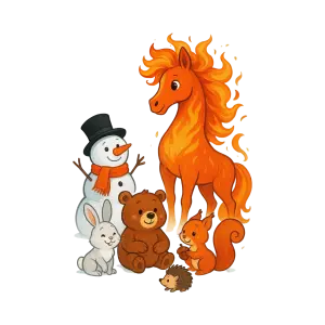 Friendly Cartoon Animals and Snowman Group