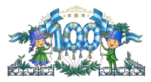 100th Birthday Illustration with Flower Children and Blue Ribbons