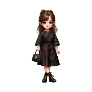Cute Cartoon Girl in Black Striped Dress Holding Purse