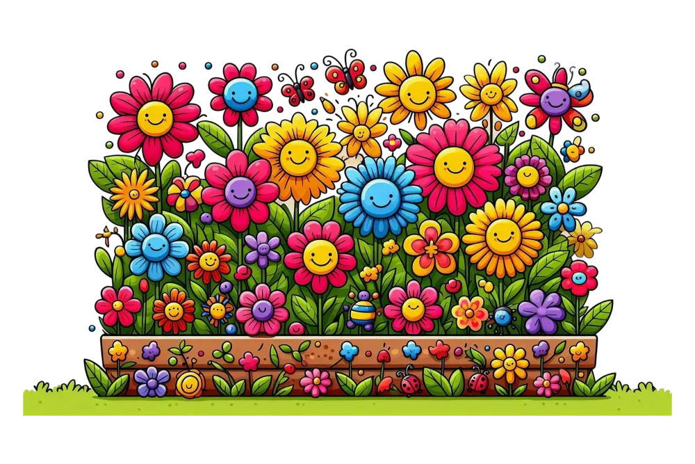 Colorful Smiling Cartoon Flower Garden with Bees and Ladybugs