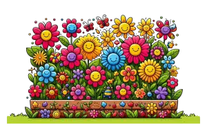 Colorful Smiling Cartoon Flower Garden with Bees and Ladybugs