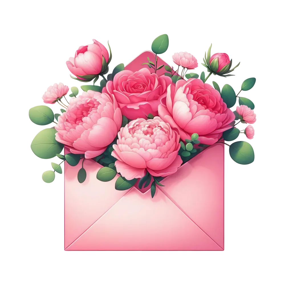 Pink Envelope with Blooming Floral Bouquet
