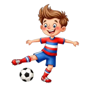 Cartoon Boy Playing Soccer with Red and Blue Uniform