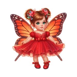 Cute Little Girl Fairy with Butterfly Wings in Red Dress