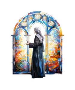 Nun Standing Before Colorful Stained Glass Window