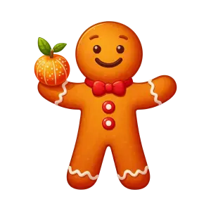 Smiling Gingerbread Man Holding Orange with Leaves