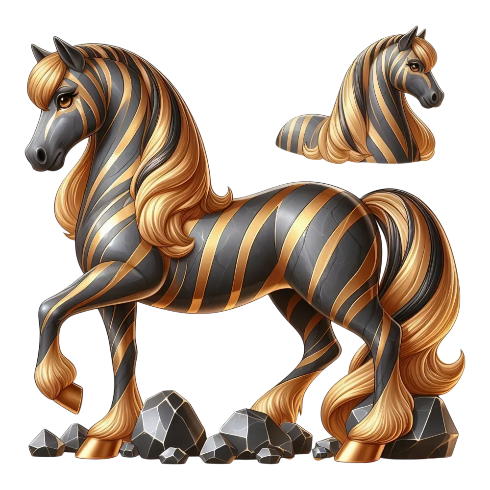 Stylized Black and Gold Striped Horse Standing on Rocks