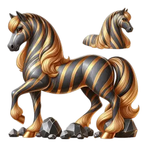Stylized Black and Gold Striped Horse Standing on Rocks