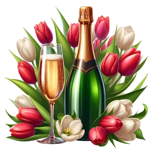Champagne Bottle with Glass and Red and White Tulips