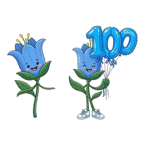 Happy Blue Tulip Flower Characters Holding 100 Balloons