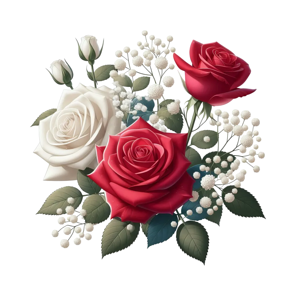 Bouquet of Red and White Roses with Baby's Breath Flowers