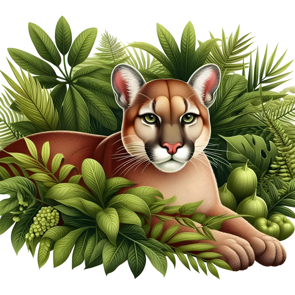 Puma Relaxing Among Lush Green Jungle Foliage