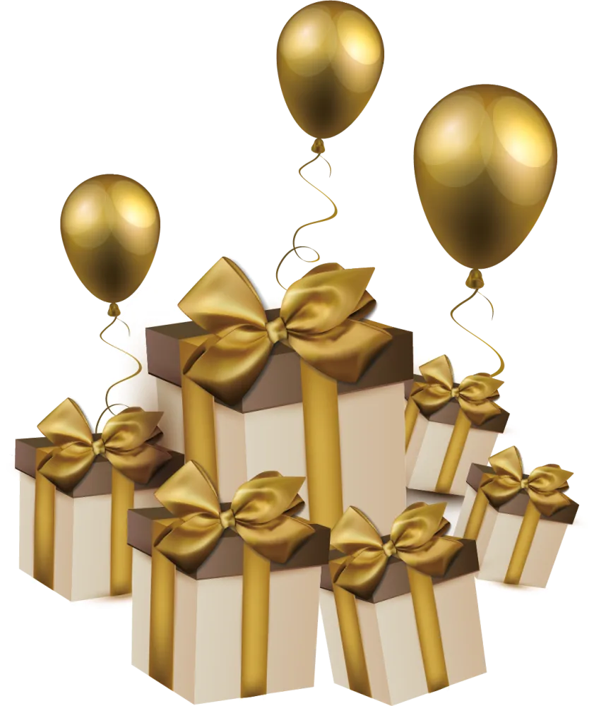 Stack of Gift Boxes with Gold Ribbons and Balloons
