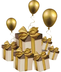 Stack of Gift Boxes with Gold Ribbons and Balloons