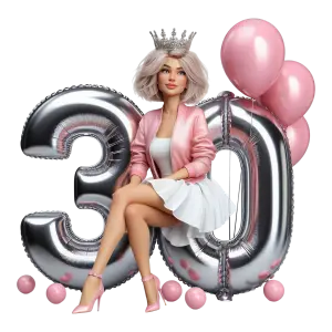 Woman Celebrating 30th Birthday with Balloons and Crown