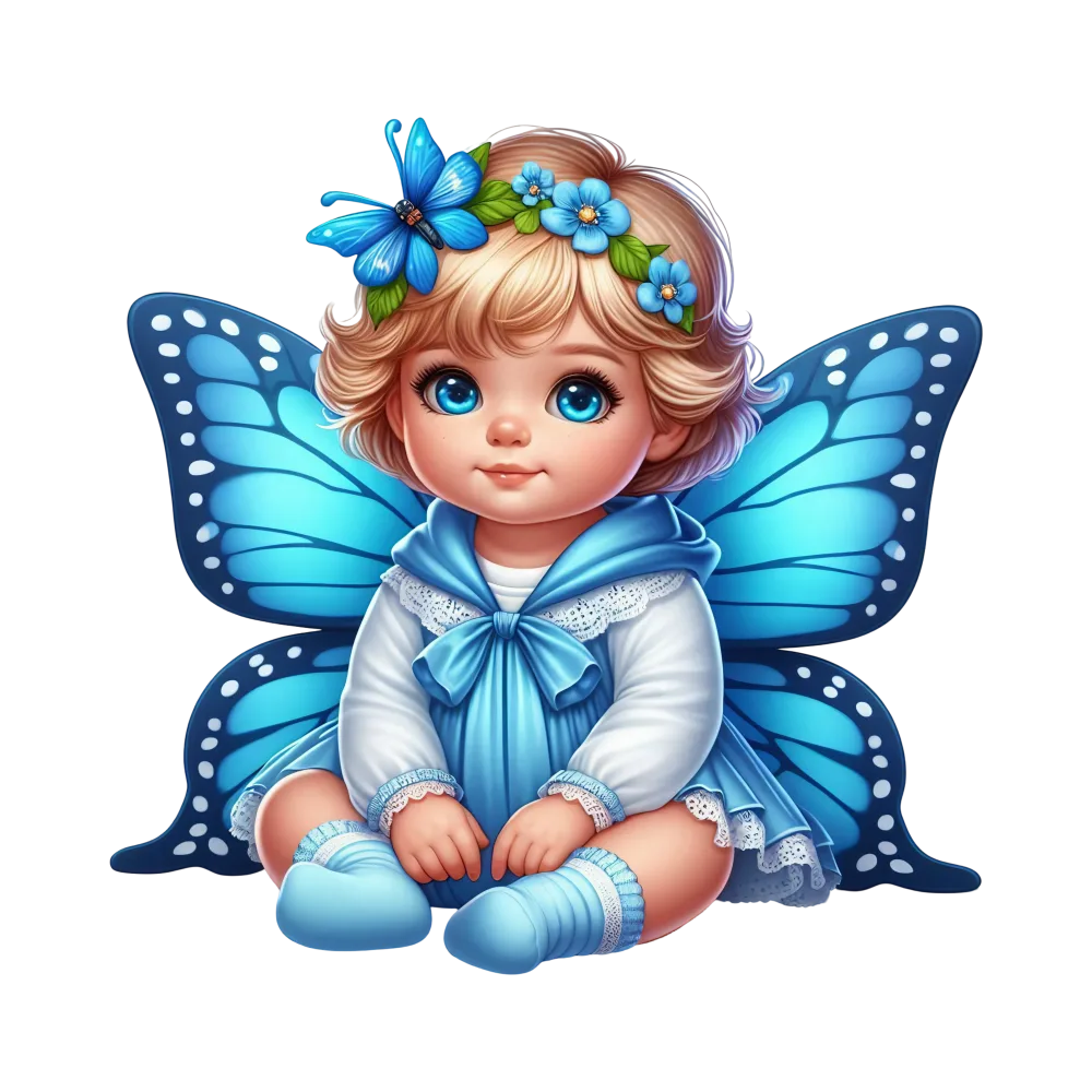 Cute Baby Fairy with Blue Butterfly Wings and Floral Headband