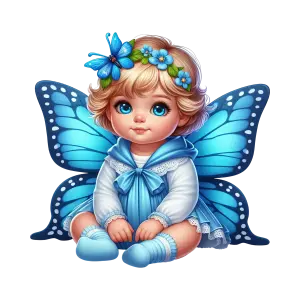 Cute Baby Fairy with Blue Butterfly Wings and Floral Headband