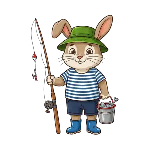 Cartoon Bunny Fishing with Bucket of Fish
