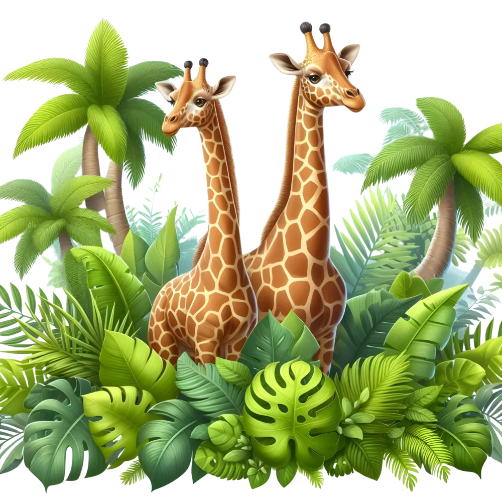 Two Giraffes Among Tropical Jungle Plants