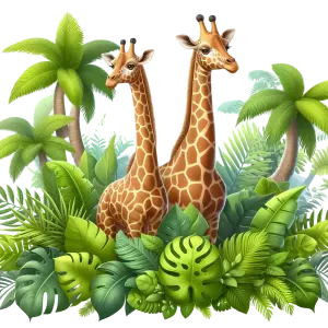 Two Giraffes Among Tropical Jungle Plants